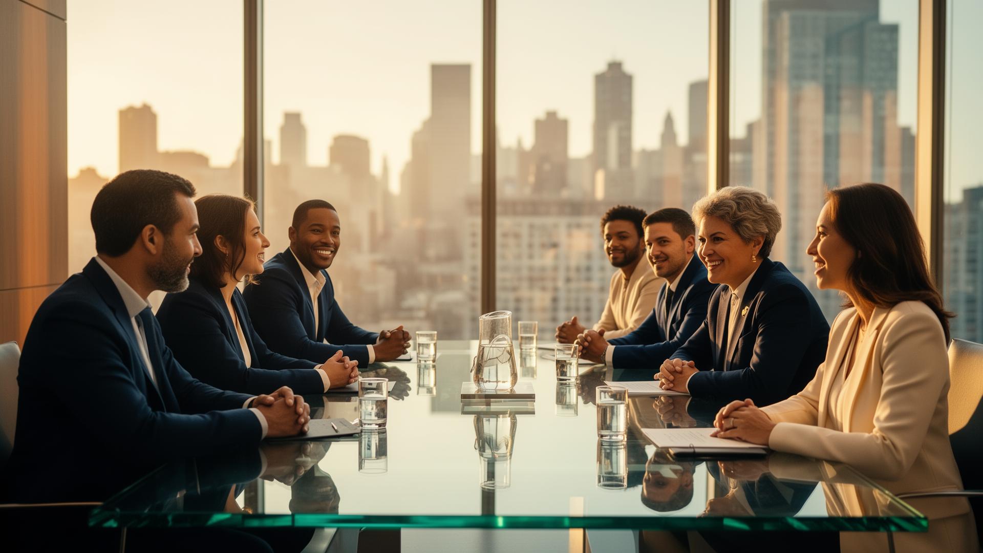Executives in conversation in a sunlit boardroom